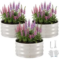 Vevor 3 stk. galvaniserede højbede, 60 x 60 x 30 cm, runde metalplantekasser til udendørs brug, bundløse højbede med handsker, alu-zink, til plantning af blomster, grøntsager, krydderurter, beige
