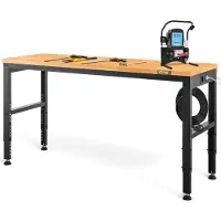 Vevor Arbejdsbænk Justerbar højde, 135 cm BX 46 cm DX 97 cm H Garagebord m/ 72 – 97 cm højder &amp; 900 kg bæreevne, med strømudtag &amp; hårdttræ Top &amp; metalstel &amp; trædepuder, til kontorhjemm