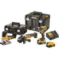 DeWalt 18V akku værktøjssæt med boremaskine, vinkelsliber og stiksave DCK329P2T