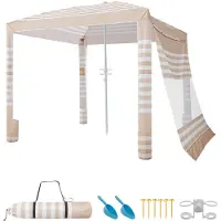Vevor Strandcabana, 2,4 x 2,4 m strandbaldakin med sidevæg, UPF 50+ beskyttelse, let opsætning, cabana-telt med sandlommer, justerbar højde, bærbar skygge, parasol, til hele familien, venner