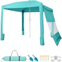 Vevor Strandcabana, 2,4 x 2,4 m strandbaldakin med sidevæg, UPF 50+ beskyttelse, let opsætning, cabana-telt med sandlommer, justerbar højde, bærbar skygge, solparasol til familie og venner, grøn