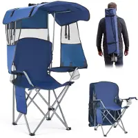 Vevor Campingstol med baldakin, foldbar strandstol med baldakin og magasinlomme, 2 kopholdere, 150 kg kraftig støtte, bæretasker til udendørs brug, camping, fiskeri, bagklapper, dybblå