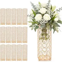 Vevor 16 stk. krystal bryllupsblomstervase, 26 cm høje blomsterbordsdekorationer, krystalcylinder banketvaser nem installation, alsidig arrangementsstativ til festarrangementer, boligindretning, guld