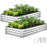 Vevor 2-pak galvaniserede højbede, 180 x 90 x 30 cm, rektangulære metalplantekasser til udendørs brug, bundløs hævet plantekasse med handsker, alu-zink, til dyrkning af blomster og grøntsager, sølv