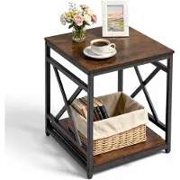 Vevor Sidebord, 2-lags firkantet sidebord med åbne opbevaringshylder, Moderne natbord med X-design metalramme, Træsofa/kaffebord til stue, soveværelse, kontor, kollegieværelse, brun