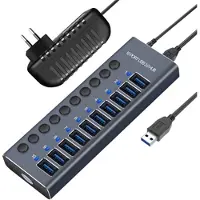 Mtp Products 10-ports USB 3.0 Hub med individuelle strømafbrydere - Grå