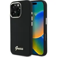 GUESS Silicone Script Metal Logo & Frame Case til iPhone 16 Pro Max - Sort