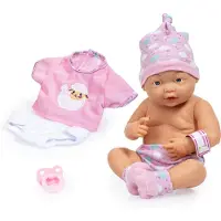 Bayer : New Born Baby - Pink Fr - med outfit og tilbehr 15" (38 cm) Hard Body Dukke med Fixed Eyes Dukke kan bades