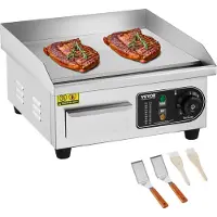 Vevor Kommerciel Elektrisk Stegeplade, 2000W Bordgrill med Flad Top, 122℉-572℉ Justerbar Temperatur, 14,17 x 11,81 x 0,39 tommer Rustfri Stål Stegeplade med 2 Skovler og 2 Børster til Hjemmet eller Re