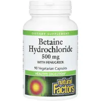 Natural Factors , Betain Hydroklorid med Fenugreek, 500 mg, 90 Vegetariske Capsuler