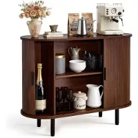 Vevor Kaffebarskab, Mid Century Riflet Kaffebarbord, Buffetskab med 2 Skydedøre, Skænk Buffetstation til Stue, Entre, Køkken, 100 x 40 x 75 cm, Valnød