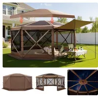 Vevor Pop-up Gazebo-skærmtelt, 4,57x4,57 m stort 8-sidet campingtelt med aftagelig top og bæretaske, hurtigmonteret og bidsikkert, skærmtelt til 12-15 personer, terrasse i baghaven, brun