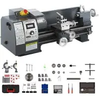Vevor Opdateret 750W Mini Metal Drejebænk 8x16 Tommer Metal Drejebænk med Luksus Tilbehørskasse, 50-2500PRM Trinløs Variabel Hastighed MT3 Spindel Konisk Metal Drejebænk med Bevægelig Lampe 4-kæbet Ch