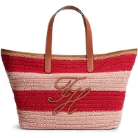 Tommy Hilfiger Shopper 'Woven Stripe Logo Appliqué Tote' lysebrun / lyserød / rød