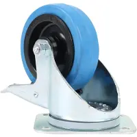 Tente Drejeligt hjul m/ bremse blå elastisk gummi Ø100 mm 160 kg rulleleje med plade Byggehøjde: 128 mm. D
