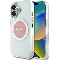 GUESS IML metalfarvet cirkel Classic Logo MagSafe iPhone 16 etui - pink