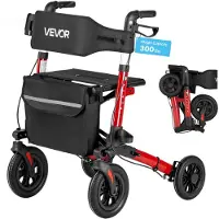 Vevor Rollator med sæde til seniorer, ultrakompakt 3-foldet rullende gangstativ, letvægts mobilitetshjælpemiddel i aluminium med solide PU-hjul, justerbart håndtag, kop- og stokholder - understøtter 1