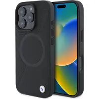 BMW Sign læder halvtekstureret og cirkel MagSafe-etui til iPhone 16 Pro Max - sort