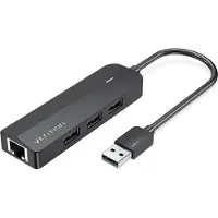 Vention USB 2.0 3 prievadų šakotuvas su eterneto adapteriu 100 m ventiliacija CHPBB 0.15 m, juodas