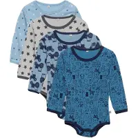 Pippi Baby Bodyer L/Æ - 4-pak - Blå/Lyseblå m. Mønster - - 62 - Body L/Æ