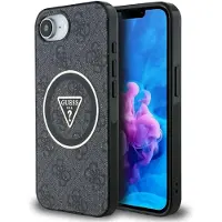 GUESS IML Metal Glitter 4G Circle Triangle MagSafe-etui til iPhone 16e - Sort