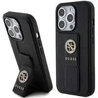 GUESS Grip Stand 4G Saffiano Strass-etui til iPhone 15 Pro Max - sort
