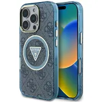 GUESS IML Metal Glitter 4G Circle Triangle MagSafe-etui til iPhone 16 Pro - Blå