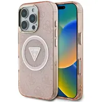 GUESS IML Metal Glitter 4G Circle Triangle MagSafe-etui til iPhone 16 Pro Max - Pink