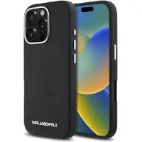 Karl Lagerfeld Saffiano Full Wrapped Elongated Metal Logo MagSafe-etui til iPhone 16 Pro Max - Sort