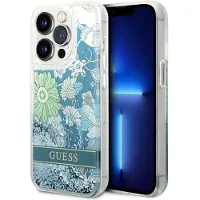 GUESS Flower Liquid Glitter-etui til iPhone 14 Pro Max - grøn