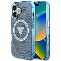 GUESS IML Metal Glitter 4G Circle Triangle MagSafe-etui til iPhone 16 - Blå