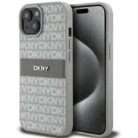 DKNY læderetui med monostribe og metallogo til iPhone 15 Plus / 14 Plus - beige