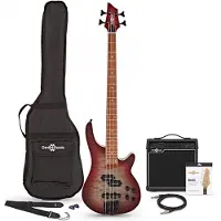 Gear4Music Chicago Select Basguitar + Forstærkerpakke Reverse Red Burst