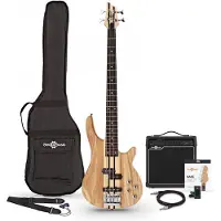 Gear4Music Chicago Neck Thru Basguitar + 15W Forstærker Pakke Naturfarvet
