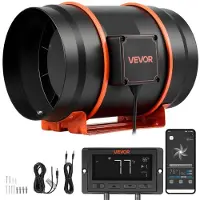 Vevor Inline-kanalventilator, 1372m³/t 203mm EC-motorudstødningsventilator med 10 hastigheder, PWM-controller, app-styring, temperatur- og fugtighedssensor, køling til dyrkningstelt, indendørs havearb