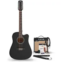 Gear4Music Dreadnought 12-strenget Elektro-akustisk Guitar Sort + Forstærkerpakke
