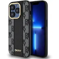 DKNY Leather Checkered Mono Pattern MagSafe-etui til iPhone 15 Pro - sort