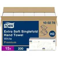 Tork Håndklædeark H3 Singlefold Premium Extra soft 2-lag hvid - (15 pakker x 200 ark pr. karton)