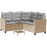 vidaXL Havesofa Med Bord Og Hynder L-Formet Polyrattan - beige og grå