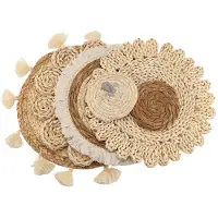 Typecat 6PCS Boho Wall Basket Decor Set Woven Rattan Flat Baskets Wall Hanging Decor Handmade Tassels Flower Wall Baskets Decor