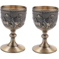 ISTOVO 2X Classical Metal Wine Cup Handmade Small Goblet Household Copper Wine Glass Carving Pattern