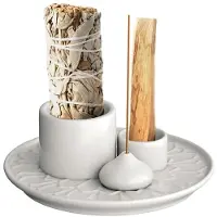 Melitt Candle Holder-4 in 1 Incense & Candle Holder - Ceramic Incense Holder Ash Catcher Tray for Meditations Room White