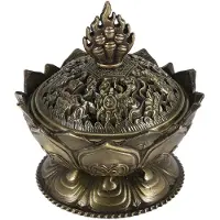 Typecat Lotus Incense Smoke Cone Aroma Burner Holder Stove Backflow Censer Decor-Bronze