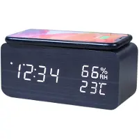 Tlily Digital Alarm Clock, Temperature and Humidity Alarm Clock LED Electronic Clock Smartphone Wireless Charger (Black)
