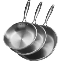 Vevor Tri-Ply stegepande i rustfrit stål, 3 dele (240, 280, 320 mm), stegepande med varmebestandigt håndtag, kokkekøkken, ovn, gas, elektrisk, induktion, opvaskemaskinekompatibel, sølv