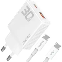 Dudao USB-C GaN-vægoplader 30W med USB-A, USB-C og USB-C-kabel – hvid