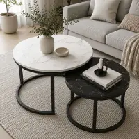 24hShop Elegant sæt med to runde sofaborde – Hvid/Sort
