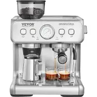 Vevor Espressomaskine med kværn, 15 bar halvautomatisk espressomaskine med mælkeskummer, dampstav, aftagelig vandtank og trykmåler til cappuccino, latte, machiato, PID-kontrolsystem