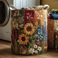 OIMG (style8 M, 1pcs) Quiltet vasketøjskurv med håndtag, boho blomster stof opbevaringshamper, multifunktionel tøjopbevaringskurv, letvægts