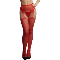 Le Désir - Suspender Rhinestone Pantyhose Red OS